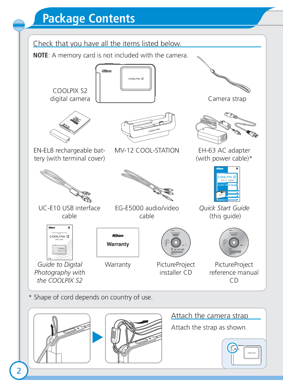 Nikon S2 quick start Package Contents 