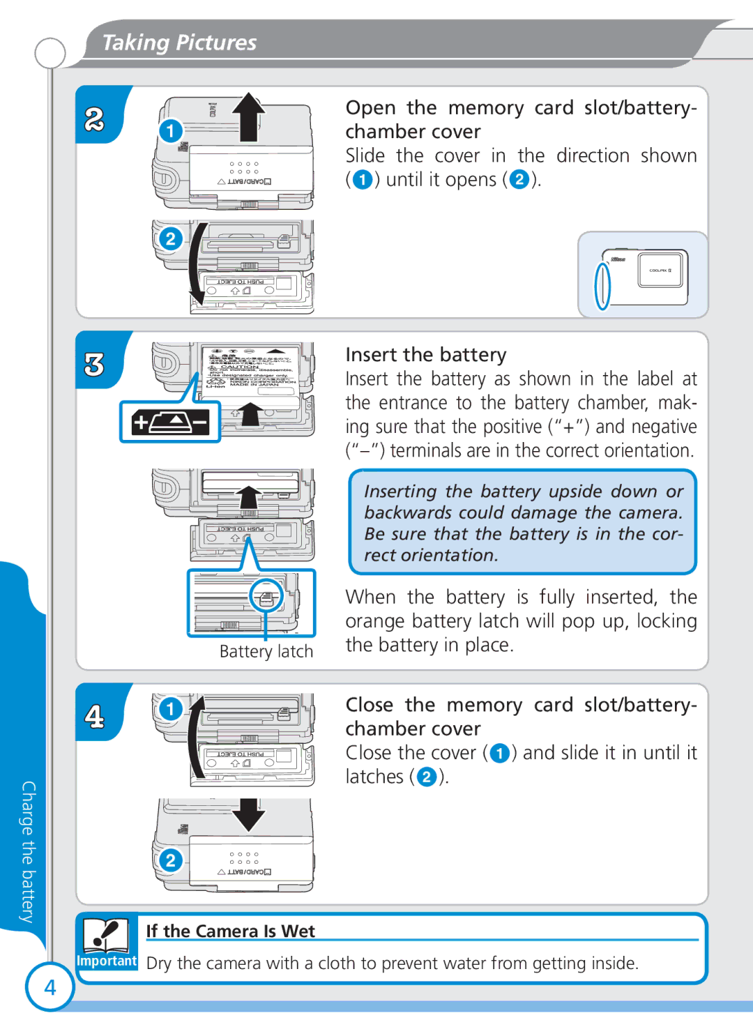 Nikon S2 quick start Open the memory card slot/battery, Chamber cover, When the battery is fully inserted, Battery in place 