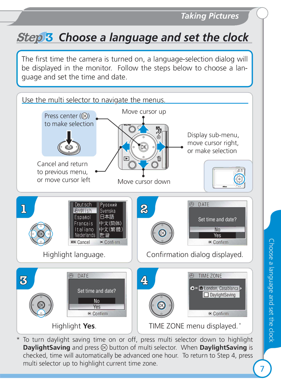 Nikon S2 quick start Choose a language and set the clock, Highlight language, Highlight Yes Conﬁrmation dialog displayed 