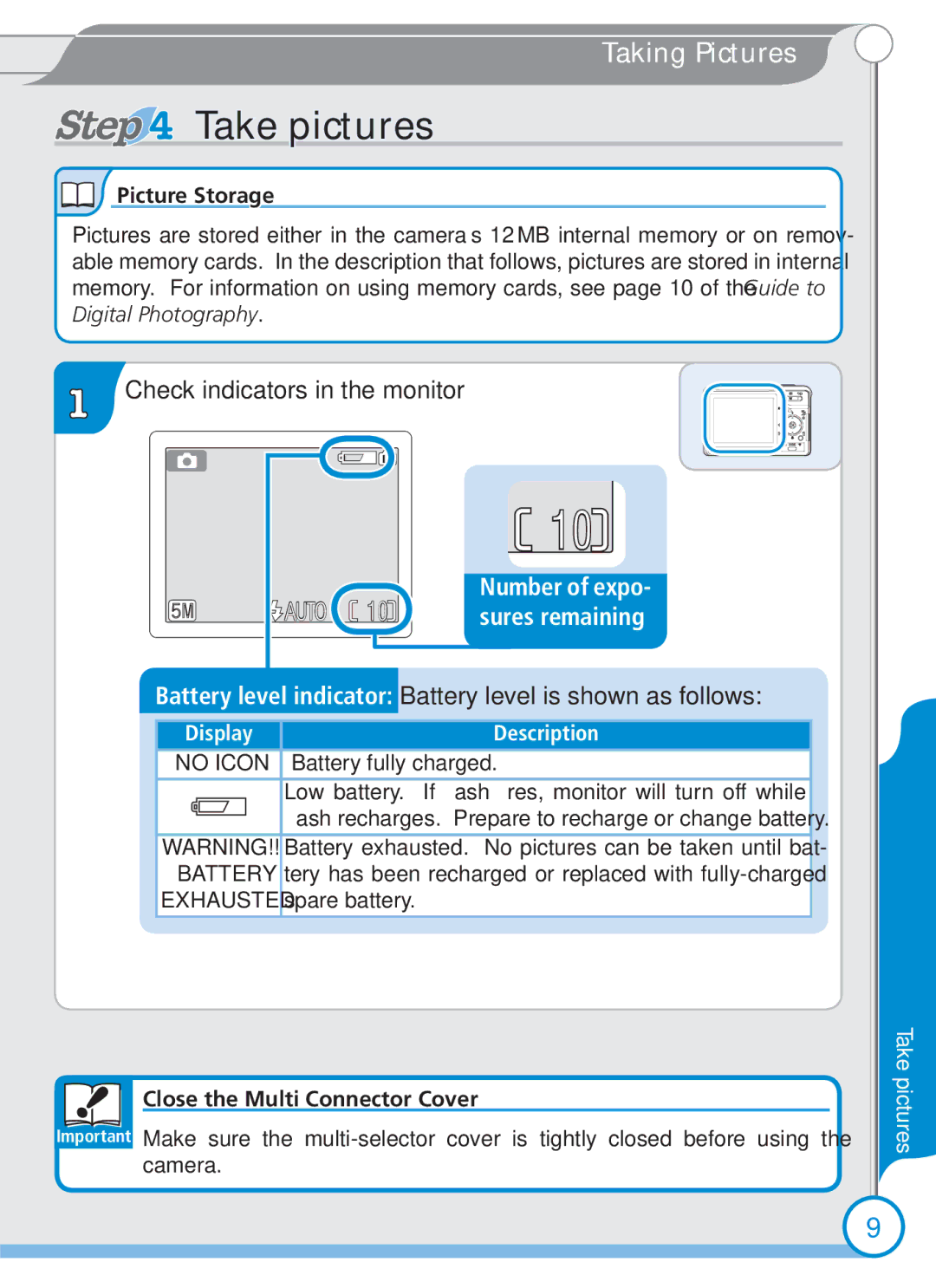 Nikon S2 quick start Take pictures, Check indicators in the monitor, Picture Storage, Close the Multi Connector Cover 