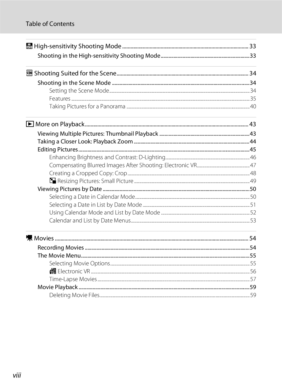 Nikon S202 manual Viii, Table of Contents 