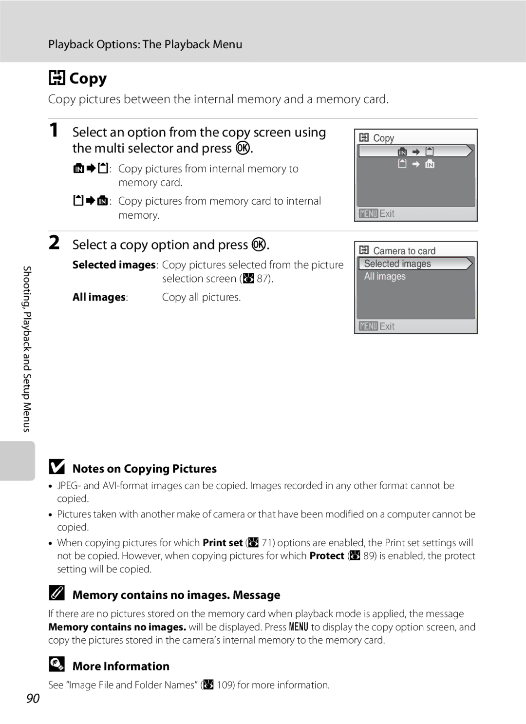 Nikon S202 Select a copy option and press k, Copy pictures between the internal memory and a memory card, All images 