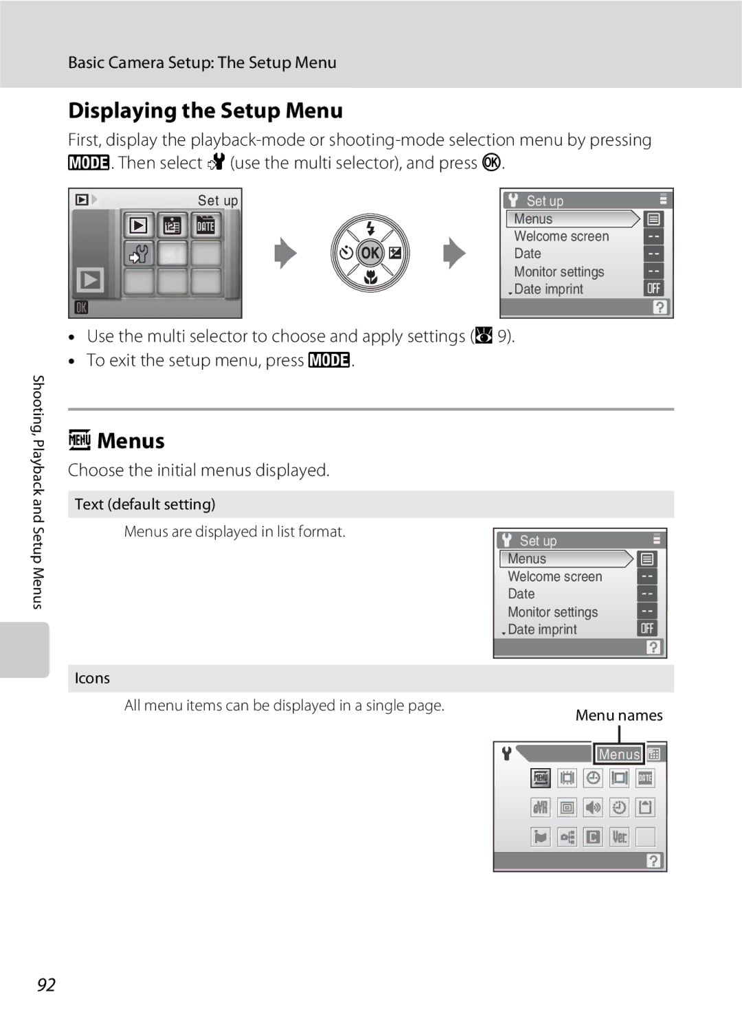 Nikon S202 manual Displaying the Setup Menu, Menus 