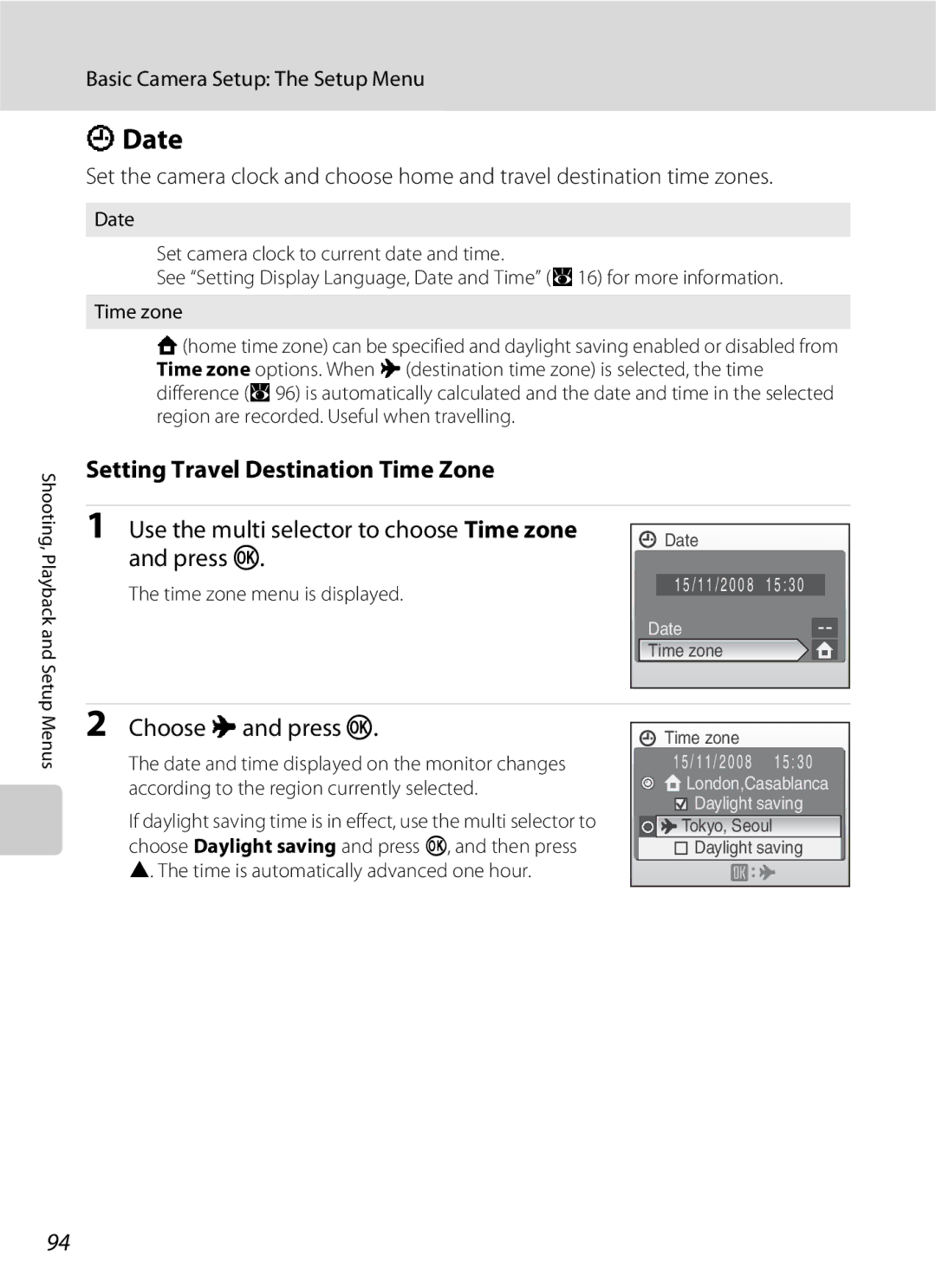 Nikon S202 manual Date, Setting Travel Destination Time Zone, Use the multi selector to choose Time zone and press k 