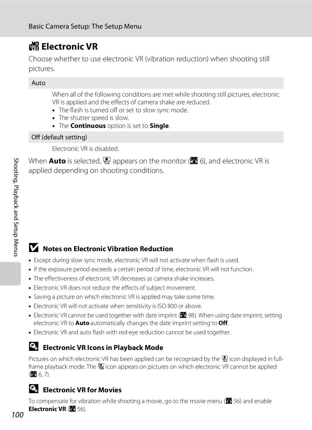 Nikon S202 manual 100, Electronic VR Icons in Playback Mode, Electronic VR for Movies 