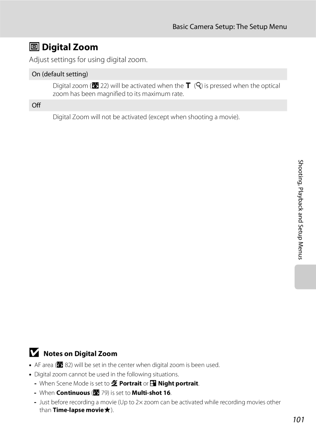 Nikon S202 manual UDigital Zoom, 101, Adjust settings for using digital zoom 