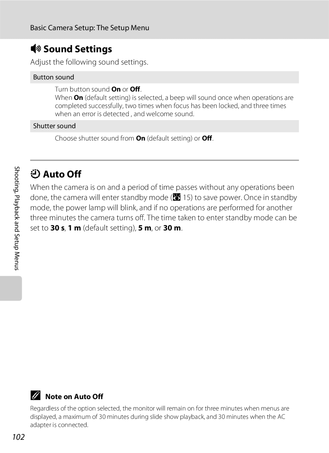 Nikon S202 ISound Settings, Auto Off, 102, Adjust the following sound settings, Button sound Turn button sound On or Off 