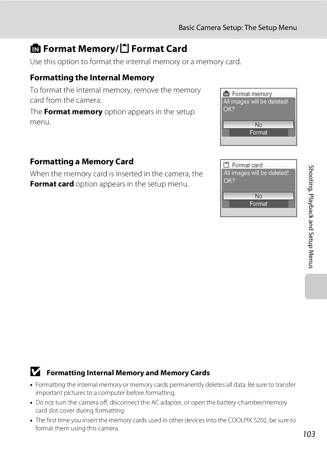 Nikon S202 manual LFormat Memory/mFormat Card, Formatting the Internal Memory, Formatting a Memory Card, 103 