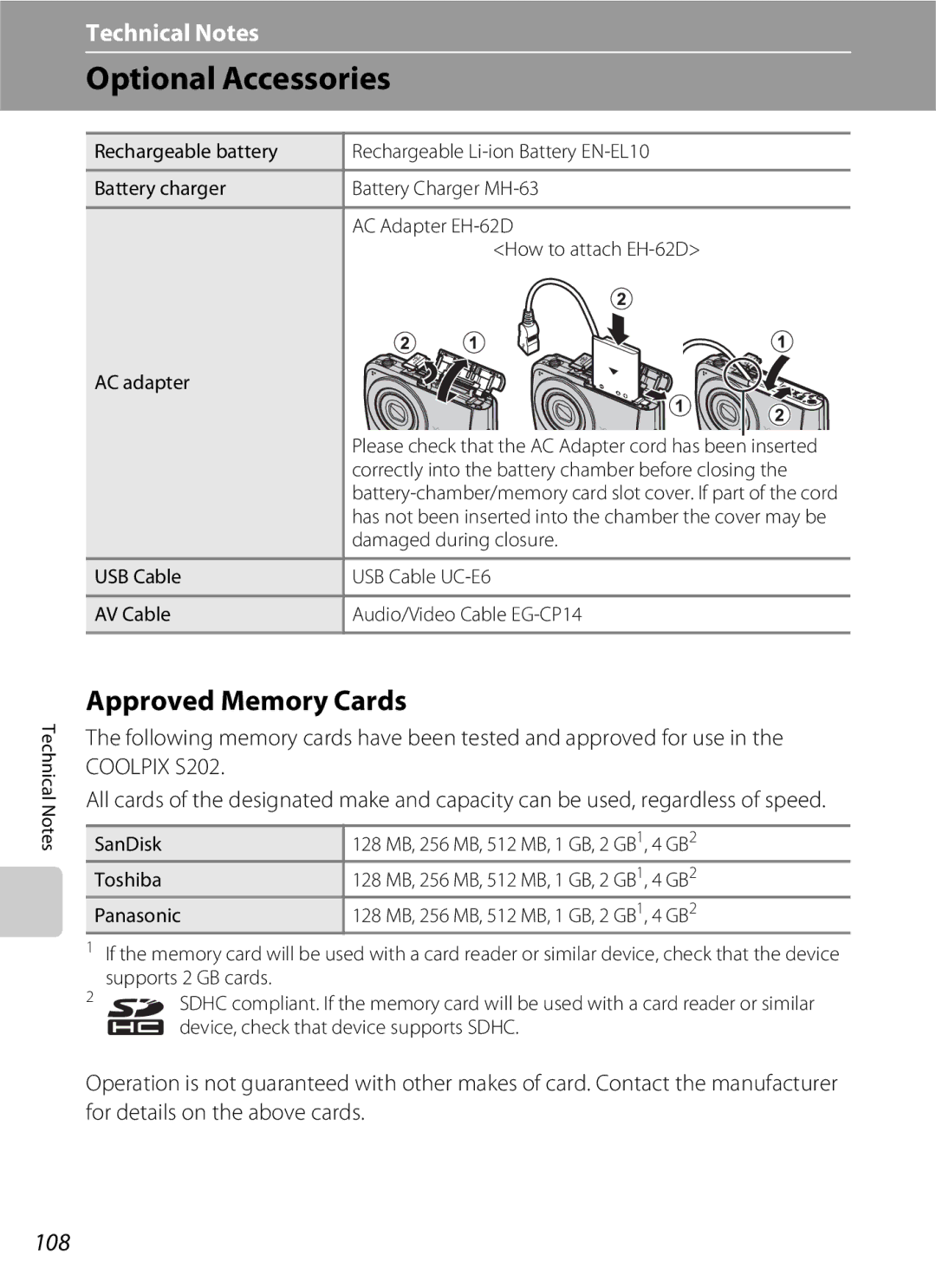 Nikon S202 manual Optional Accessories, Approved Memory Cards, 108, Damaged during closure 