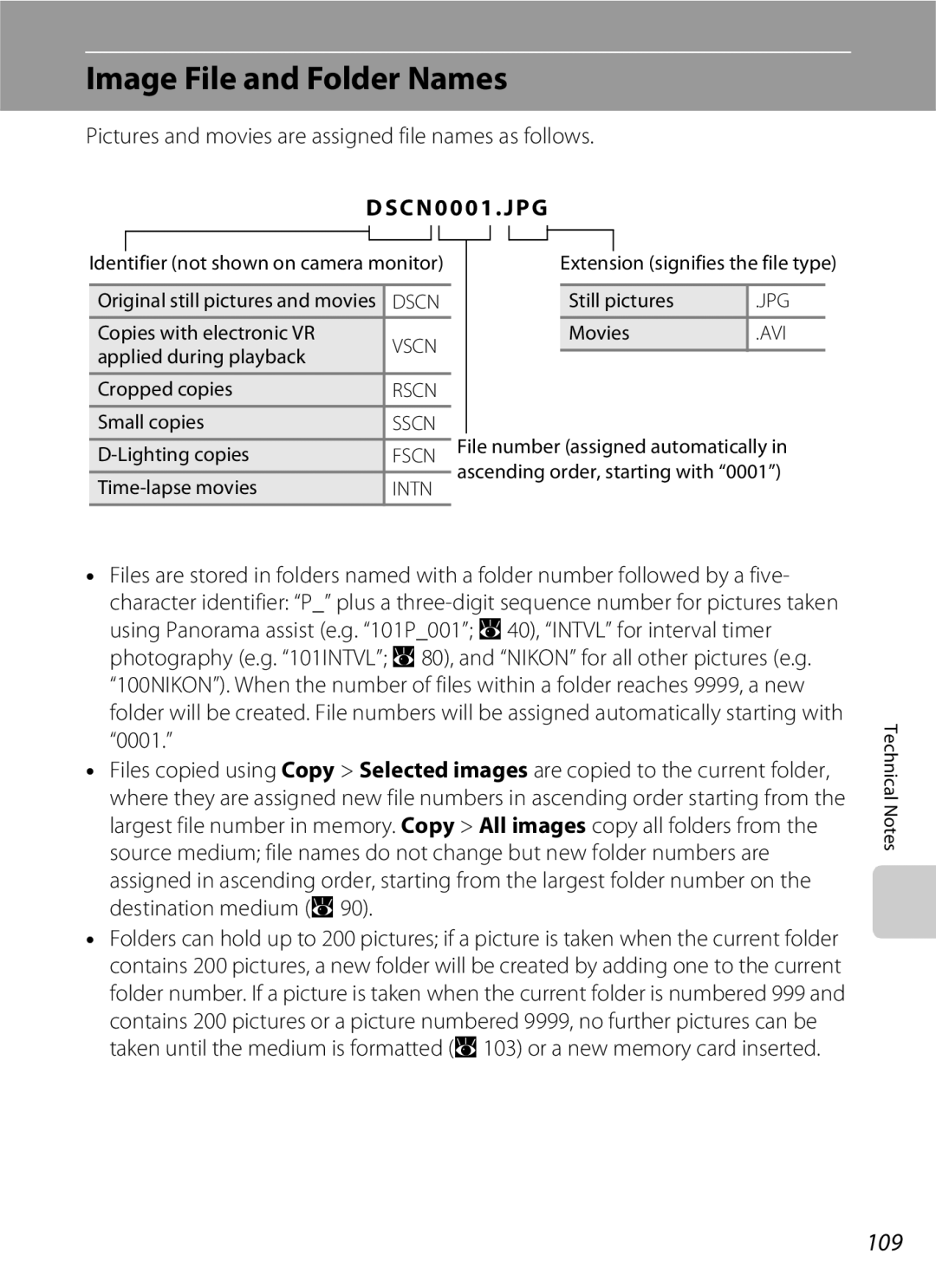 Nikon S202 manual Image File and Folder Names, 109, Pictures and movies are assigned file names as follows, Dscn 0001 .JPG 