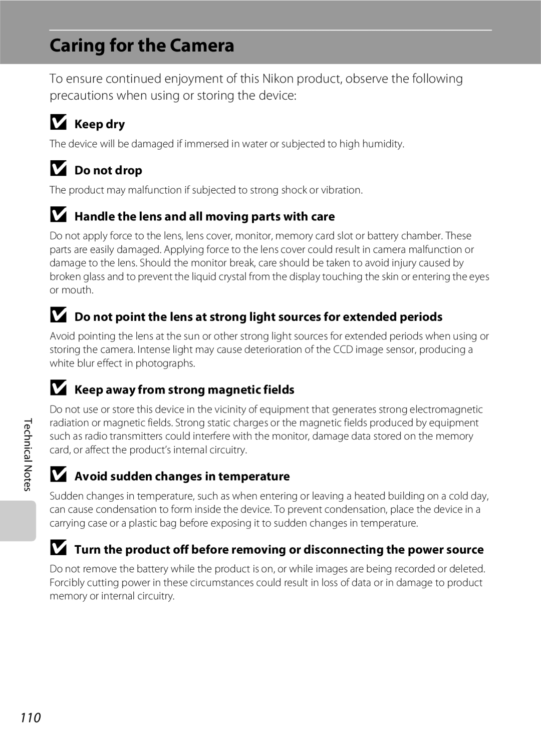 Nikon S202 manual Caring for the Camera, 110 