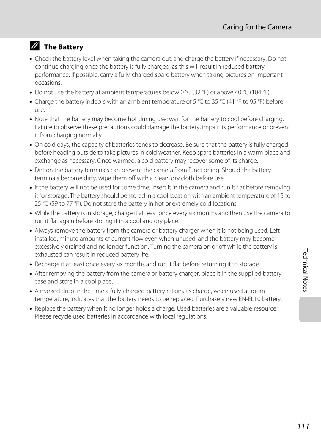 Nikon S202 manual 111, Caring for the Camera, Battery 