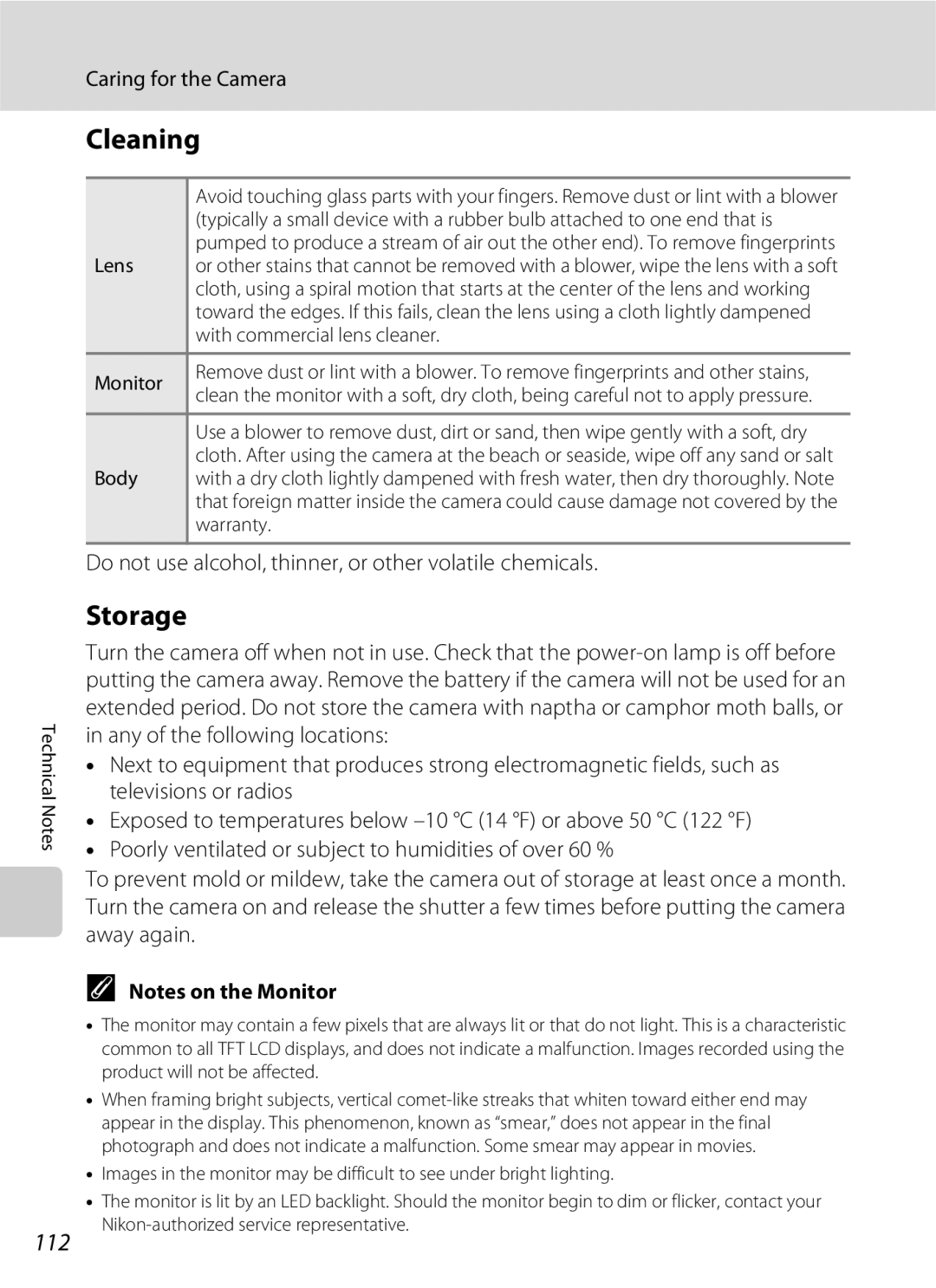 Nikon S202 manual Cleaning, Storage, 112, Do not use alcohol, thinner, or other volatile chemicals 