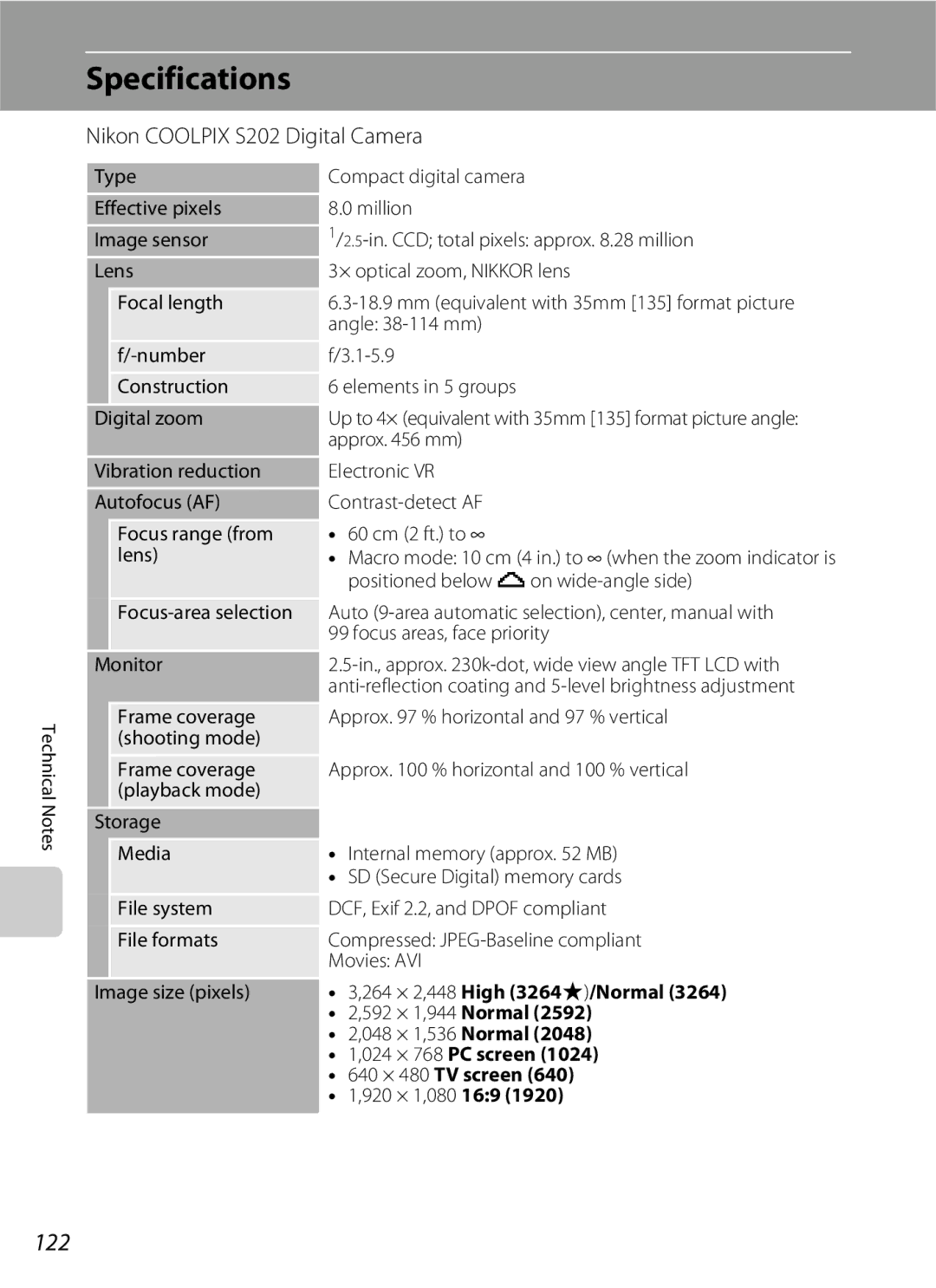 Nikon manual Specifications, 122, Nikon Coolpix S202 Digital Camera 