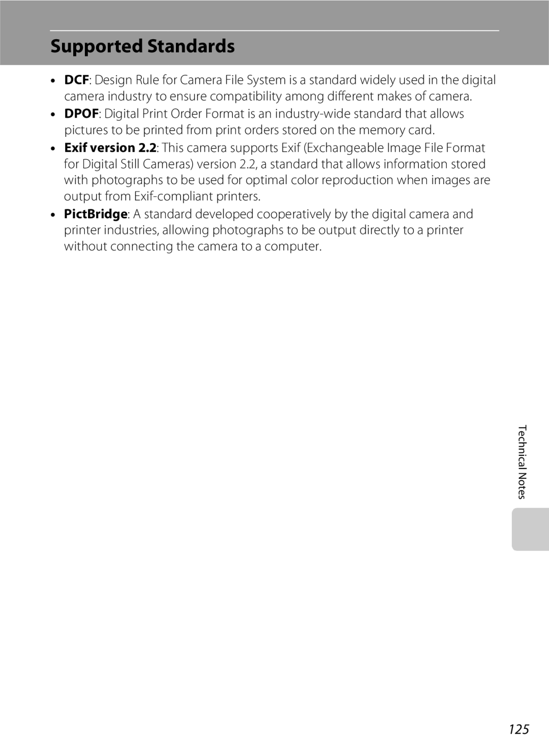 Nikon S202 manual Supported Standards, 125 