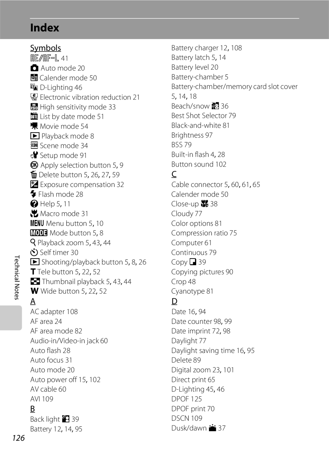 Nikon S202 Index, Symbols, 126, AF area mode 82 Audio-in/Video-in jack 60 Auto flash, Auto power off 15, 102 AV cable AVI 