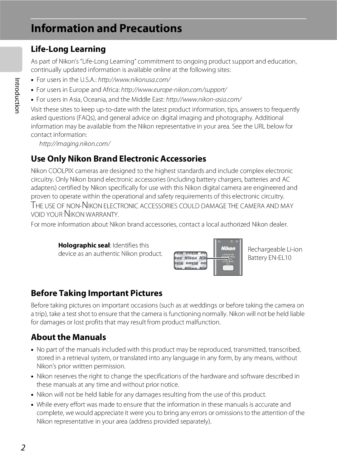 Nikon S202 Information and Precautions, Life-Long Learning, Use Only Nikon Brand Electronic Accessories, About the Manuals 