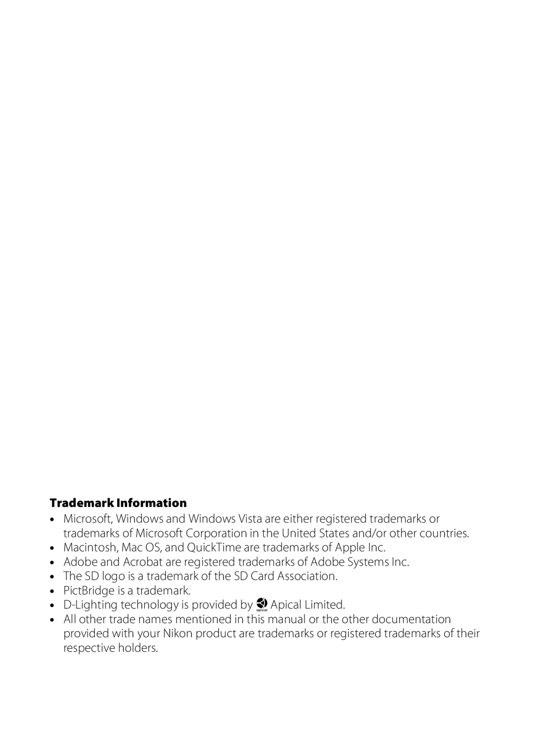 Nikon S202 manual Trademark Information 