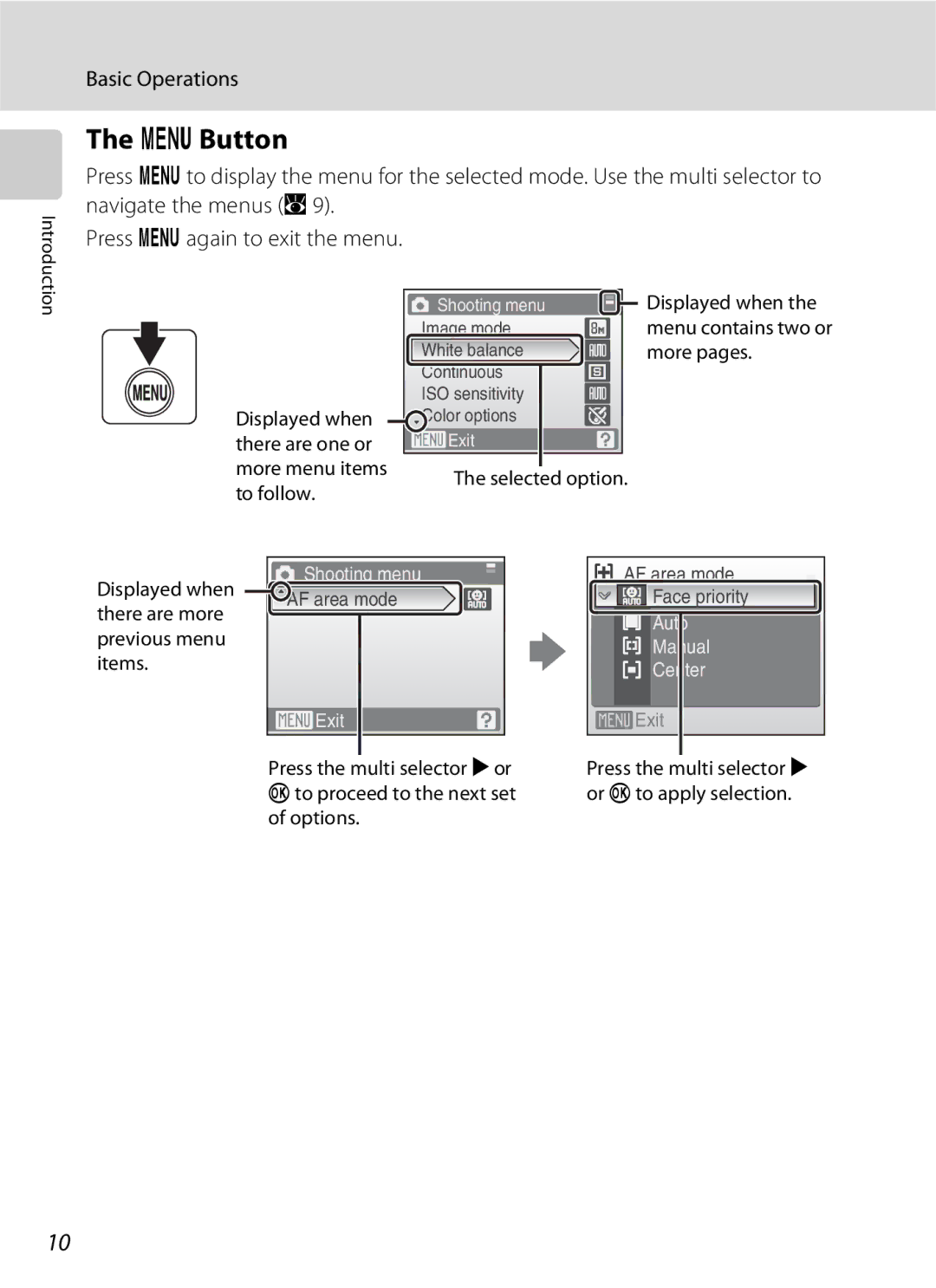 Nikon S202 manual D Button, Displayed when there are one or more menu items to follow, Press the multi selector K or 