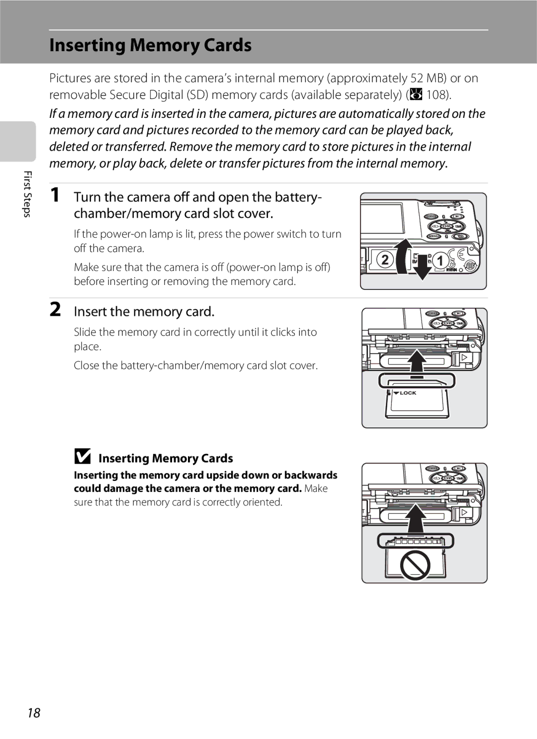 Nikon S202 manual Inserting Memory Cards, Insert the memory card 