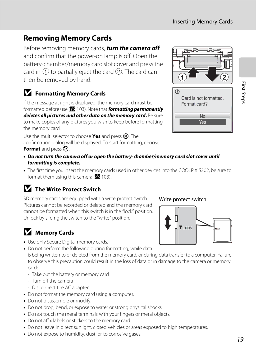 Nikon S202 manual Removing Memory Cards, Inserting Memory Cards, Formatting Memory Cards, Write Protect Switch 