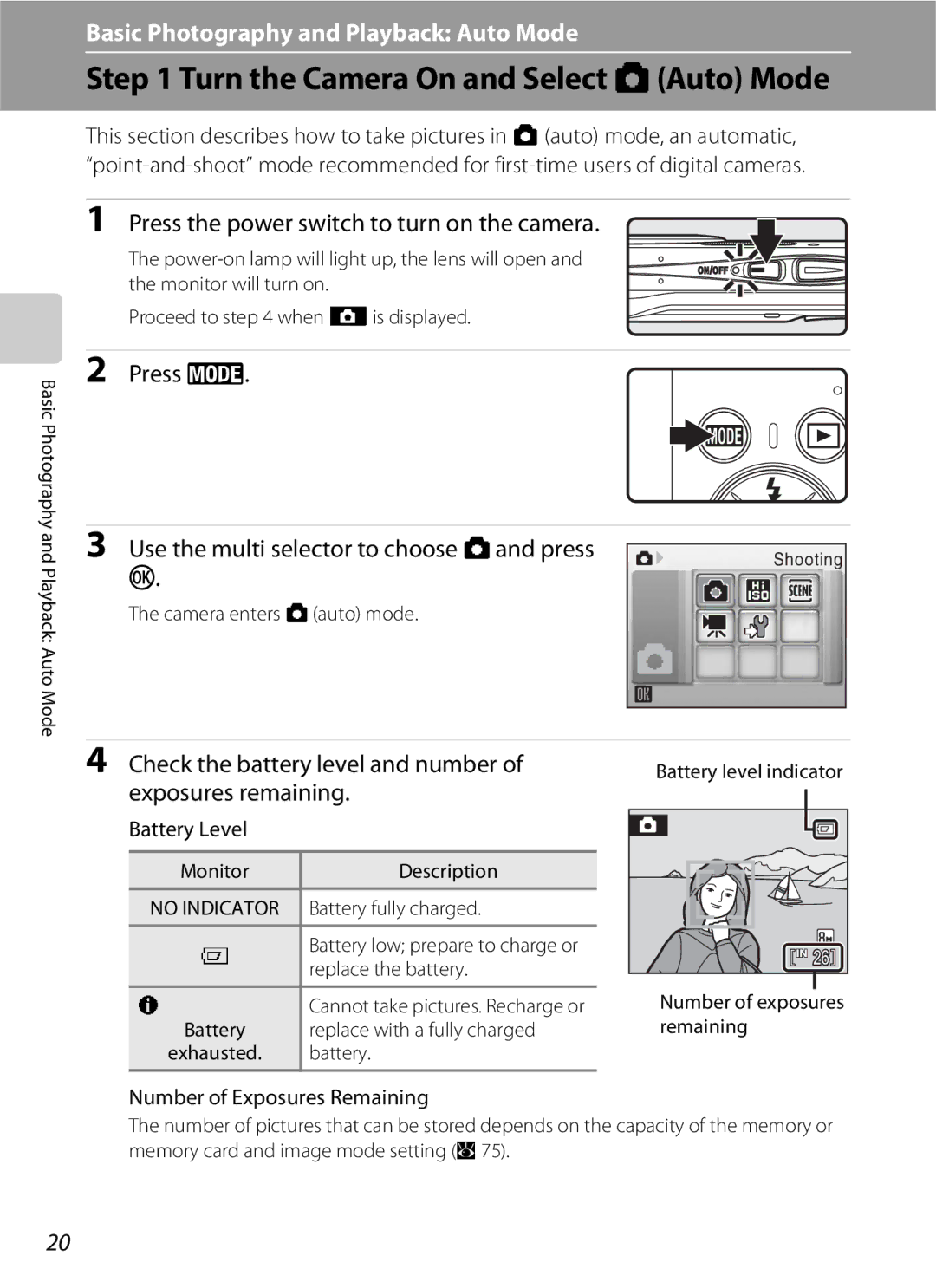 Nikon S202 manual Turn the Camera On and Select AAuto Mode, Press e Use the multi selector to choose Aand press 