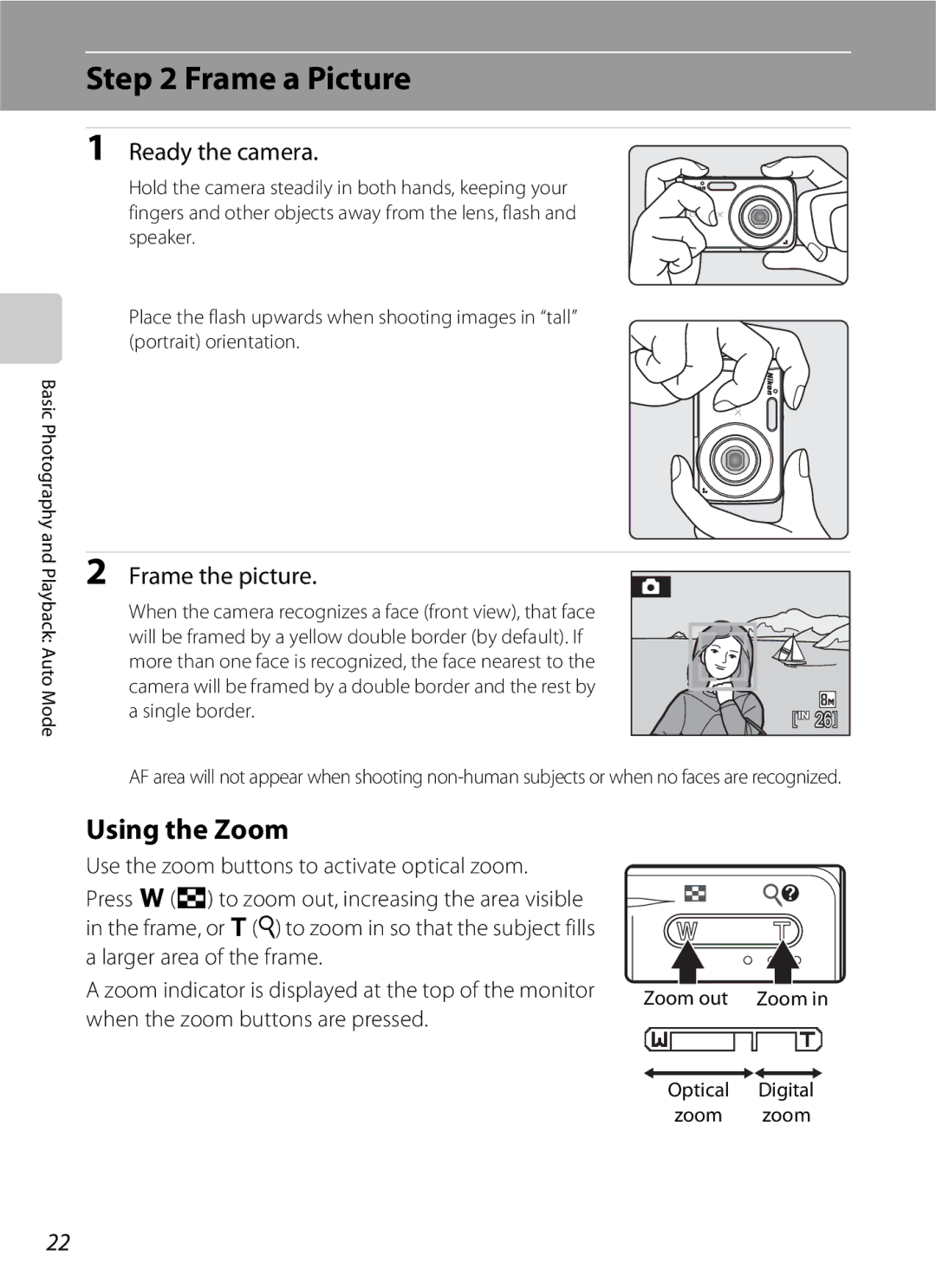 Nikon S202 Frame a Picture, Using the Zoom, Ready the camera, Frame the picture, Zoom out Zoom Optical Digital Zoom zoom 