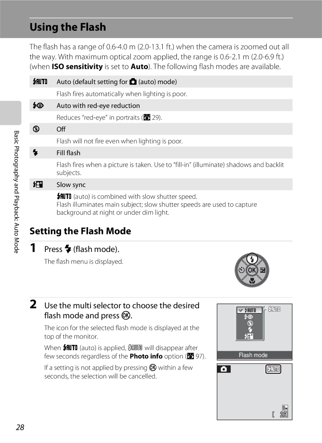 Nikon S202 manual Using the Flash, Setting the Flash Mode, Press m flash mode, Flash menu is displayed 