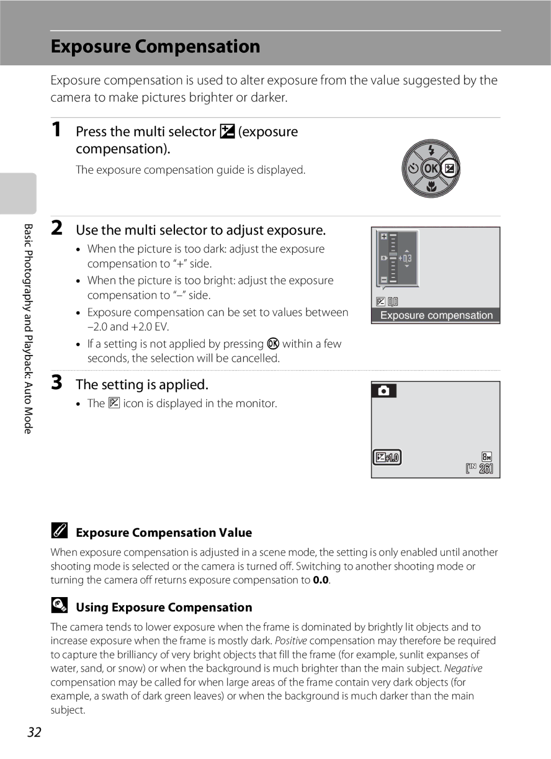 Nikon S202 manual Exposure Compensation, Press the multi selector oexposure Compensation, Setting is applied 