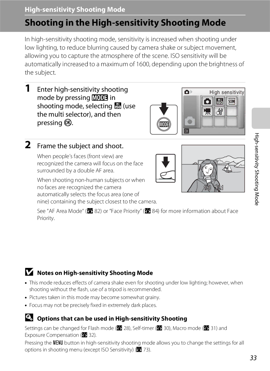 Nikon S202 manual Shooting in the High-sensitivity Shooting Mode, Enter high-sensitivity shooting 