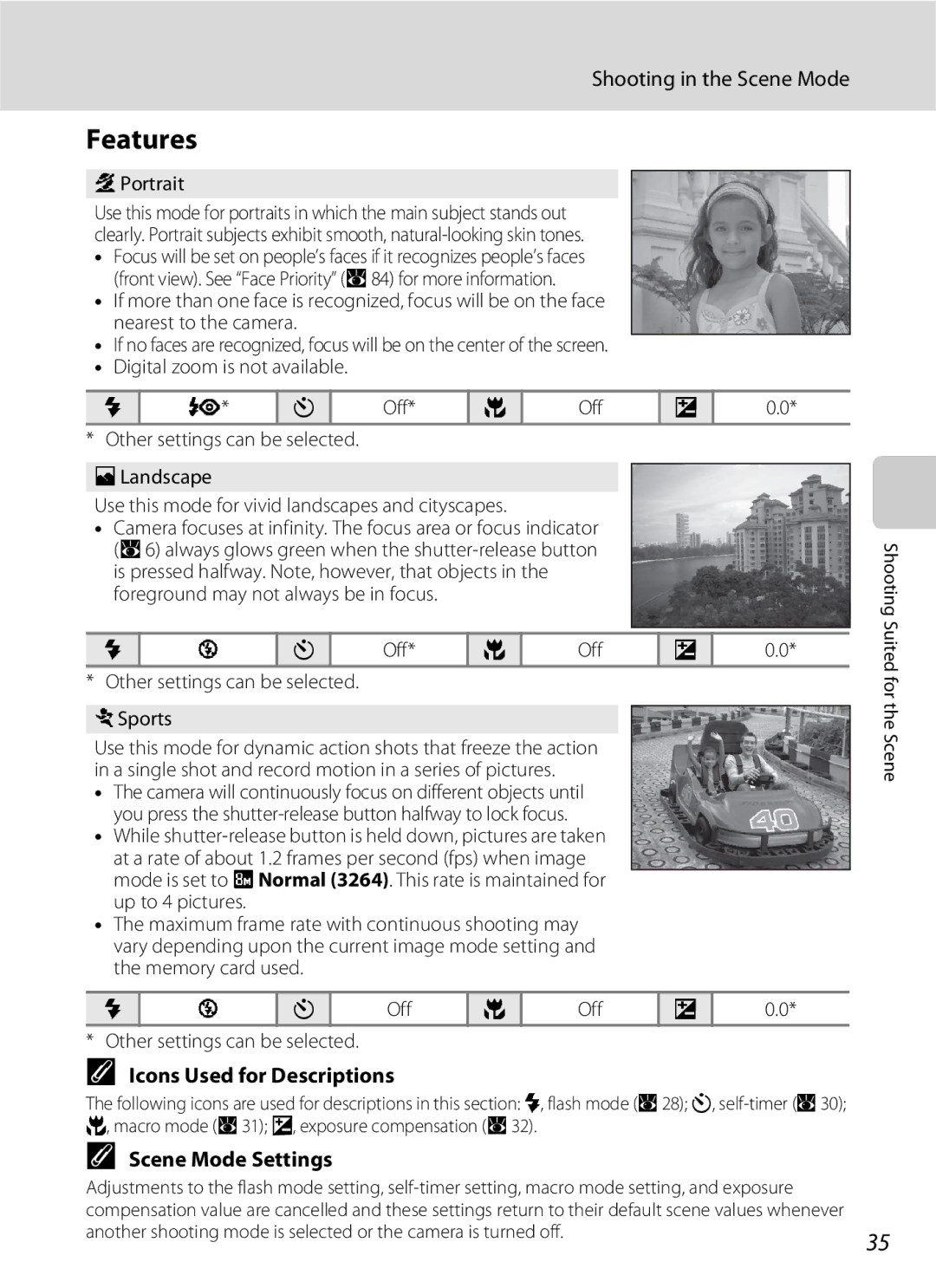 Nikon S202 manual Features, Shooting in the Scene Mode, Icons Used for Descriptions, Scene Mode Settings, Off 