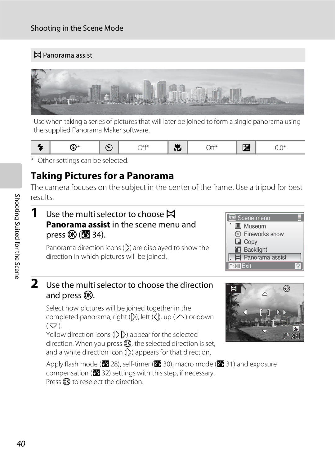 Nikon S202 manual Taking Pictures for a Panorama, Use the multi selector to choose the direction and press k 