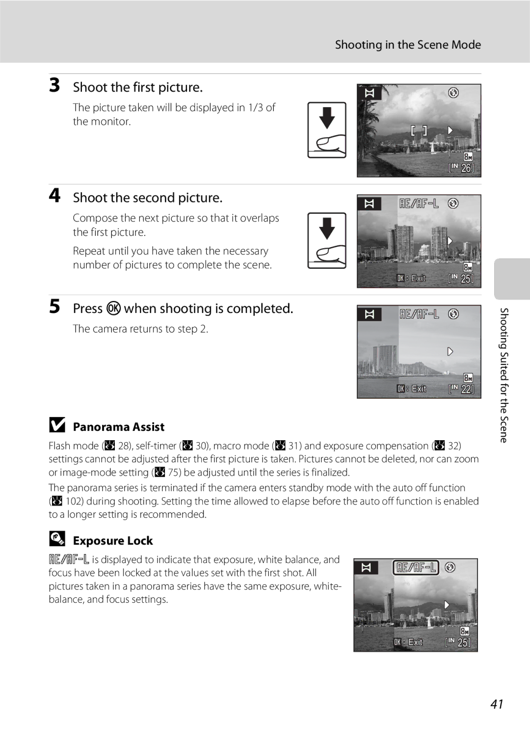 Nikon S202 manual Shoot the first picture, Shoot the second picture, Press kwhen shooting is completed, Panorama Assist 