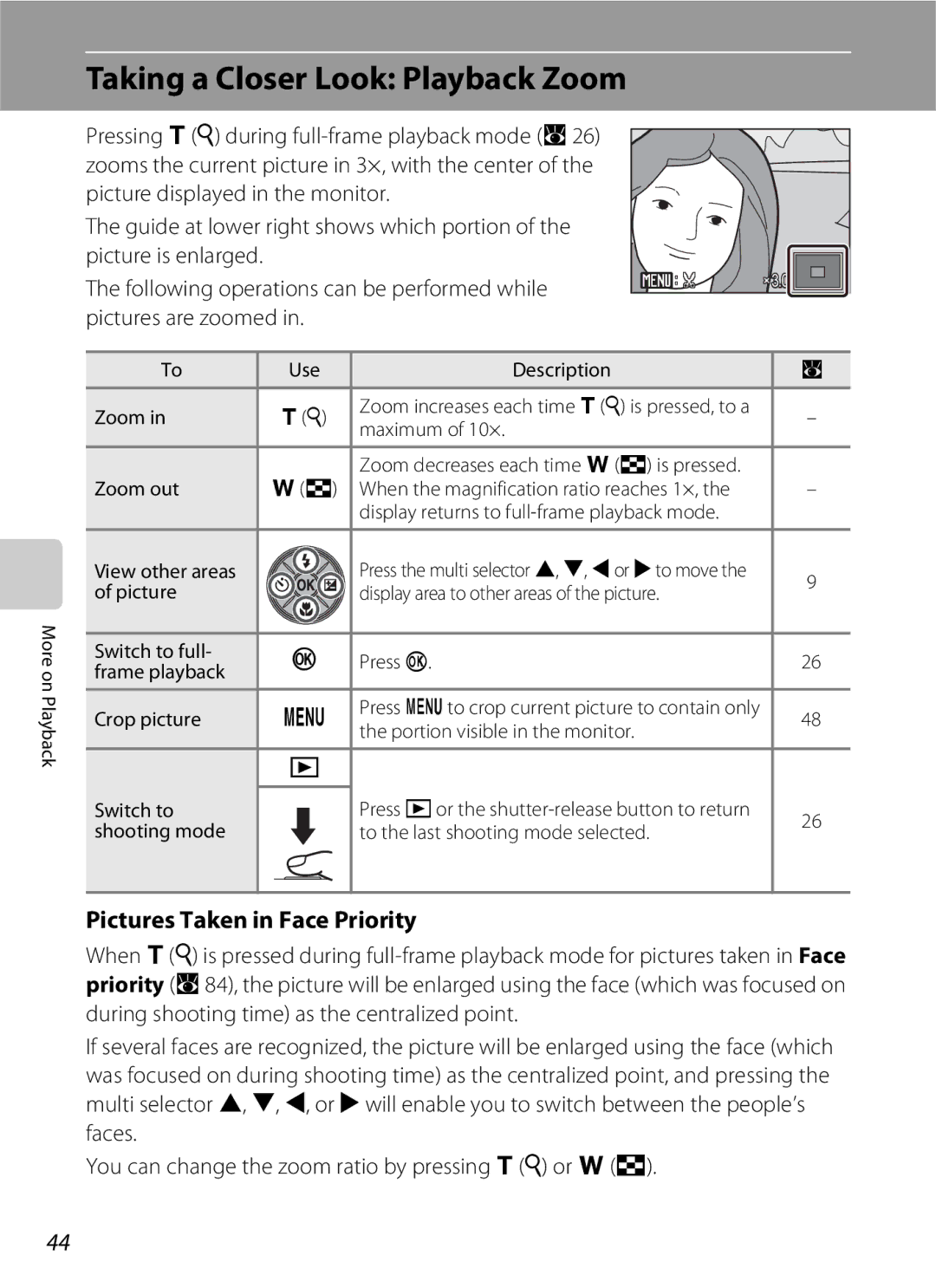 Nikon S202 manual Taking a Closer Look Playback Zoom, Pictures Taken in Face Priority, Description Zoom, View other areas 