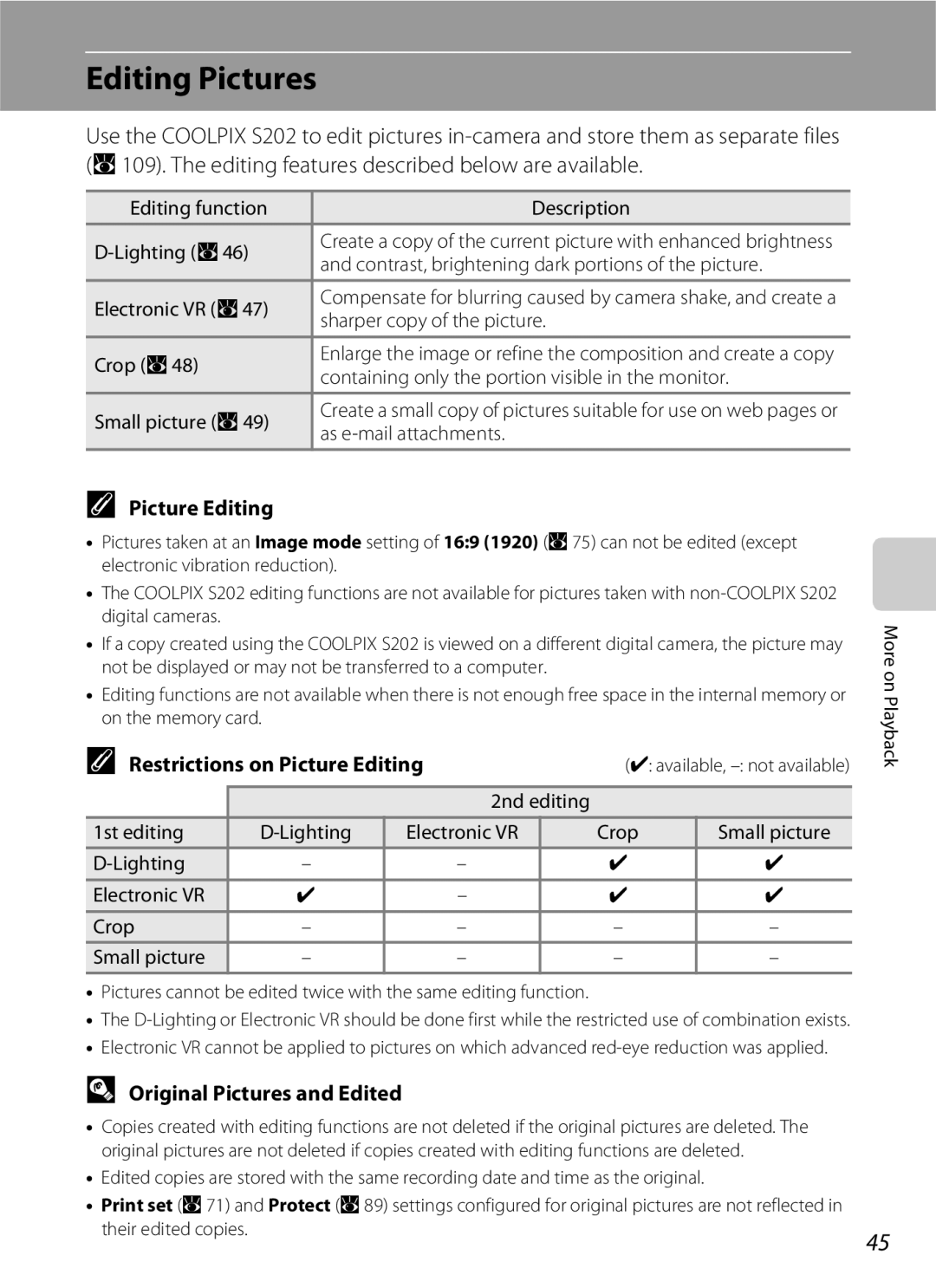 Nikon S202 manual Editing Pictures, Restrictions on Picture Editing, Original Pictures and Edited 