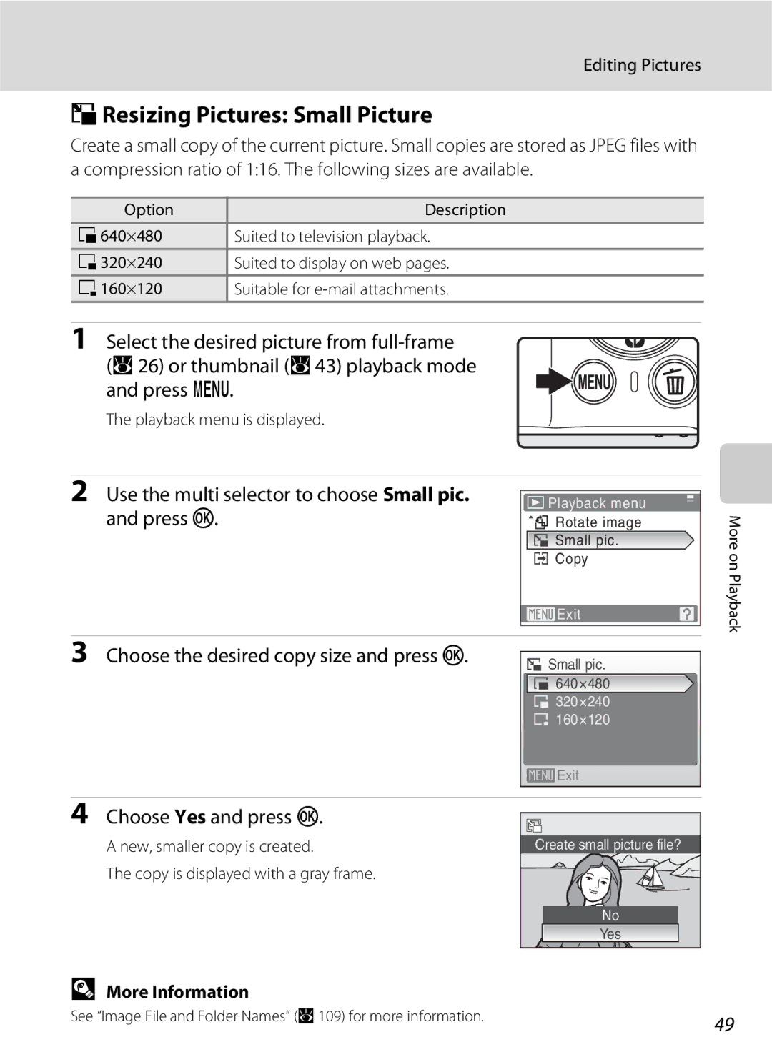 Nikon S202 manual GResizing Pictures Small Picture, Use the multi selector to choose Small pic. and press k 