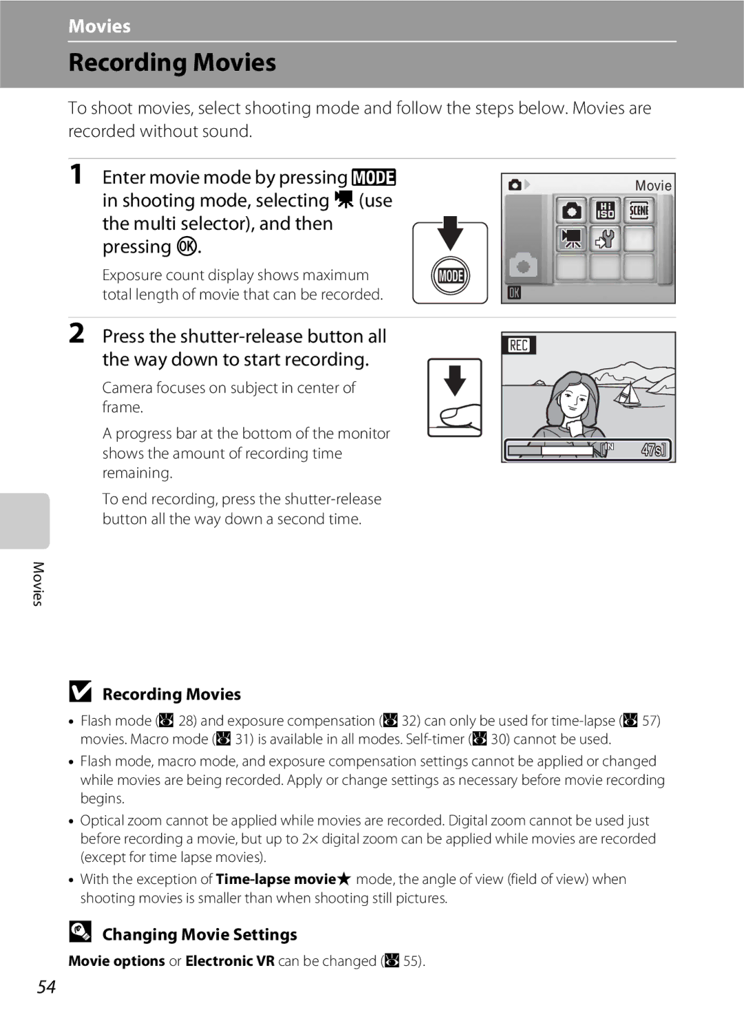 Nikon S202 manual Recording Movies, Changing Movie Settings 