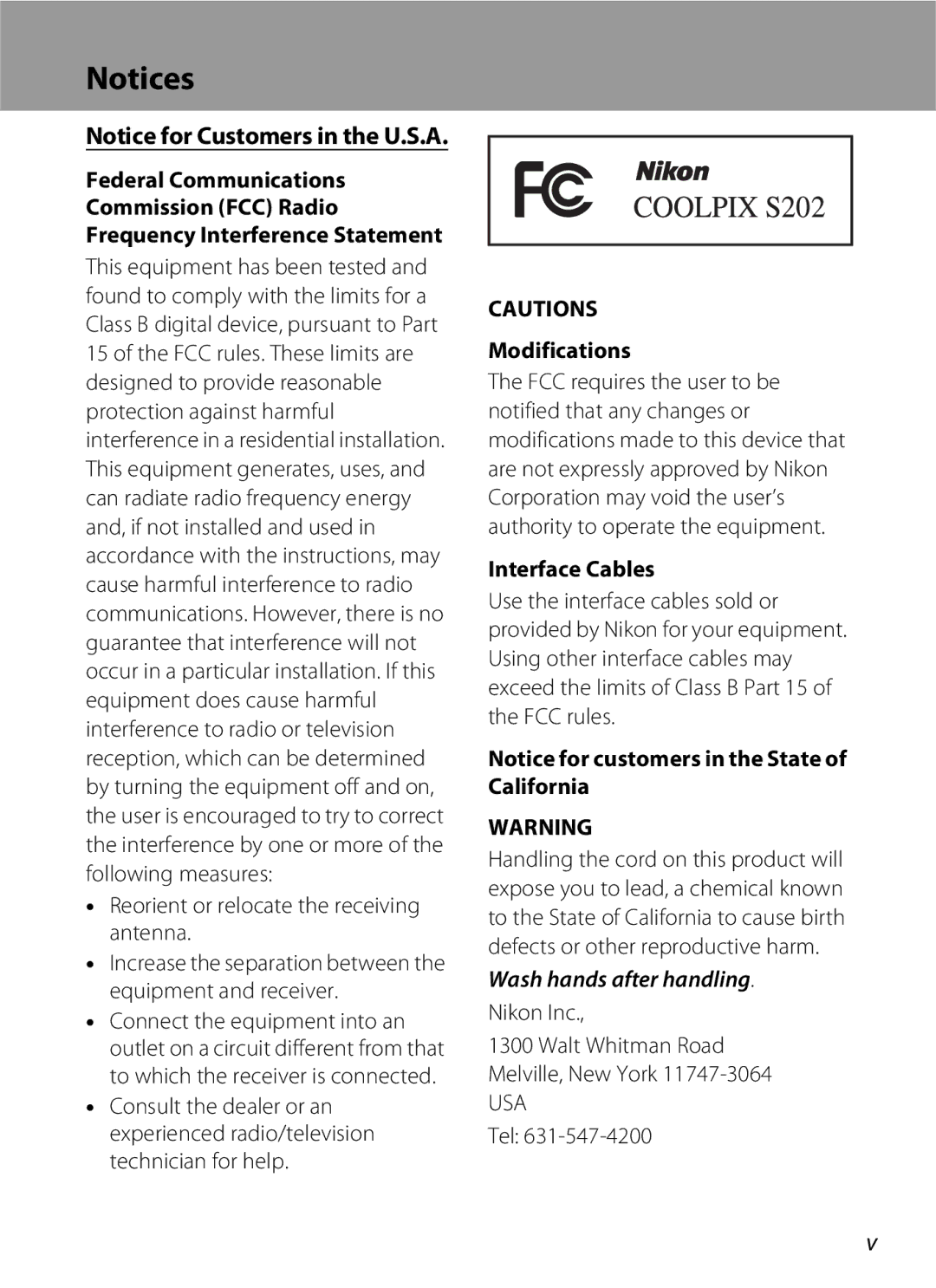 Nikon S202 manual Modifications, Interface Cables, Nikon Inc Walt Whitman Road Melville, New York, Tel 