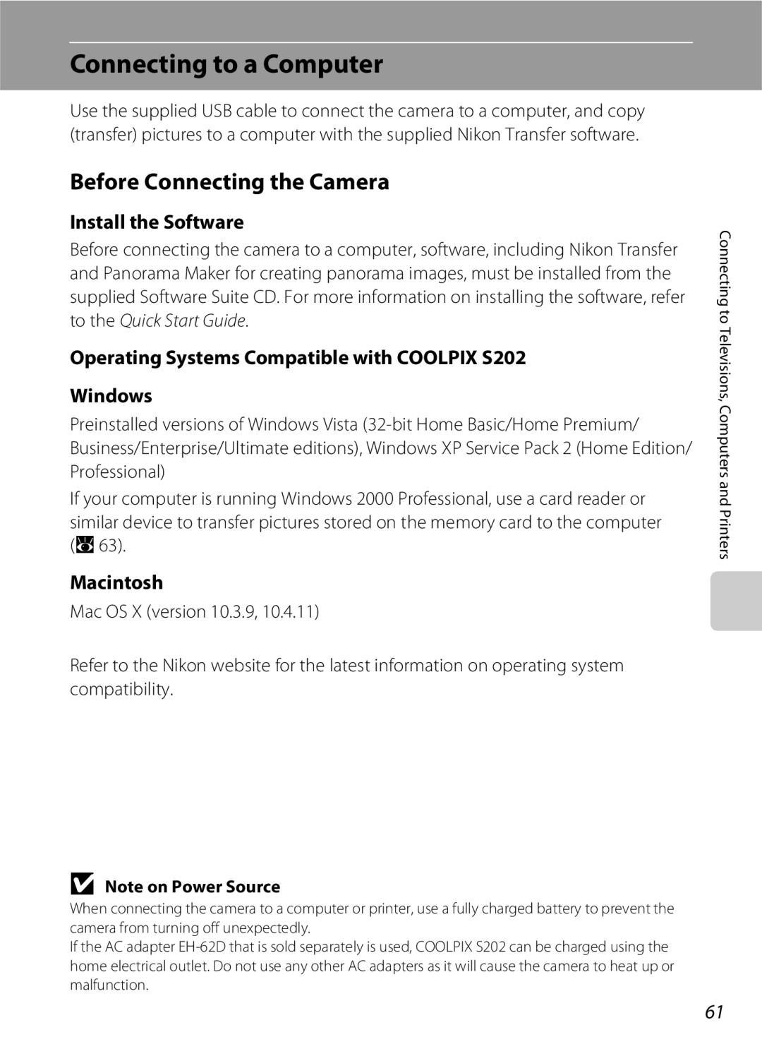 Nikon S202 manual Connecting to a Computer, Before Connecting the Camera, Install the Software, Macintosh 