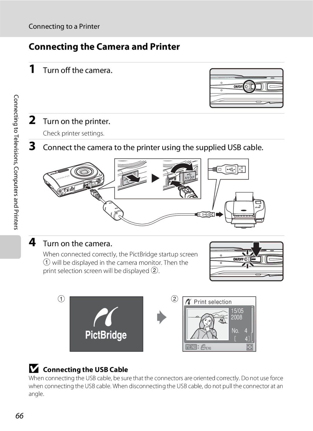 Nikon S202 manual Connecting the Camera and Printer, Turn off the camera Turn on the printer, Connecting to a Printer 