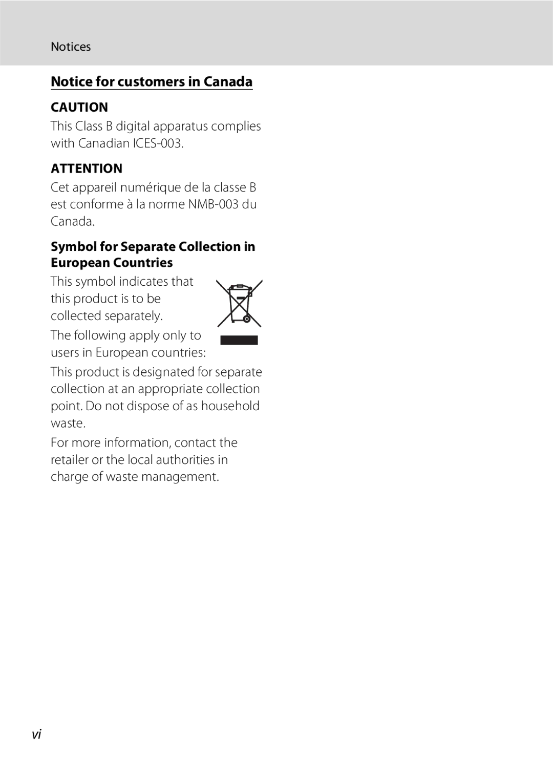 Nikon S202 manual Symbol for Separate Collection in European Countries, Following apply only to users in European countries 