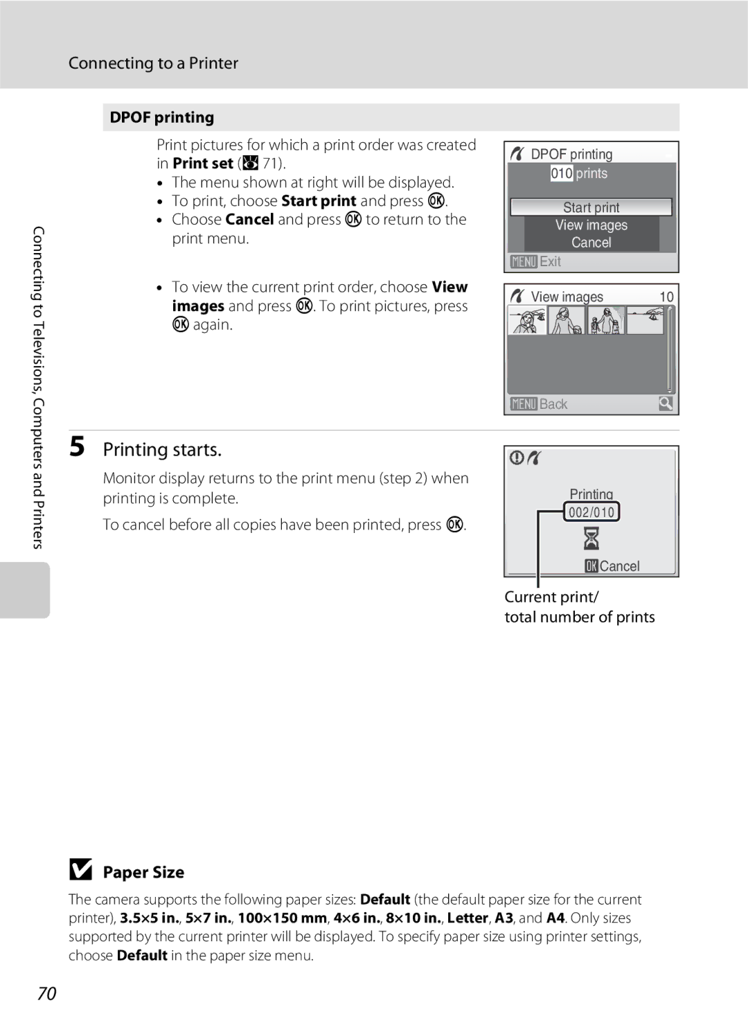 Nikon S202 manual Paper Size, Dpof printing, Current print Total number of prints 