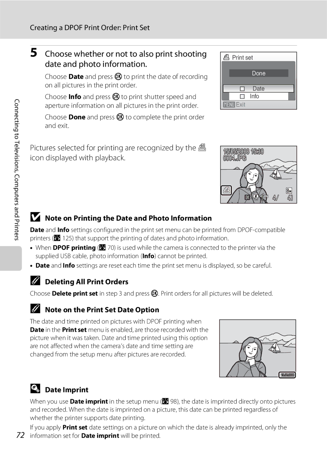 Nikon S202 manual Creating a Dpof Print Order Print Set, Deleting All Print Orders, Date Imprint 