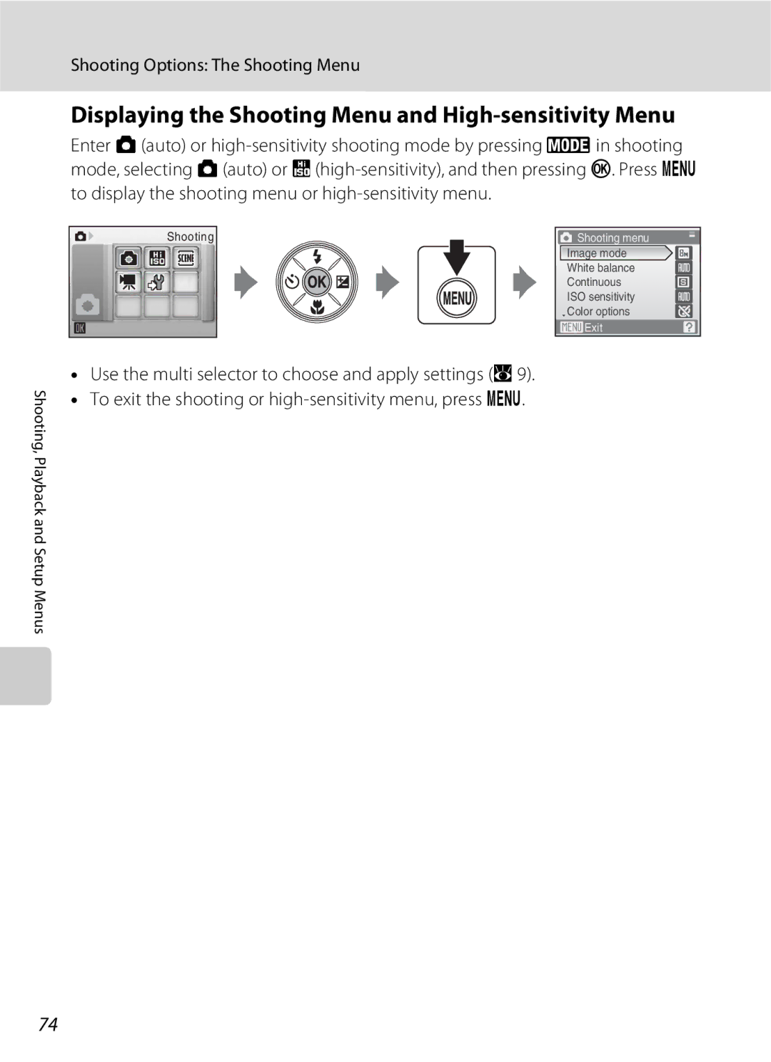 Nikon S202 manual Displaying the Shooting Menu and High-sensitivity Menu, Shooting Options The Shooting Menu 