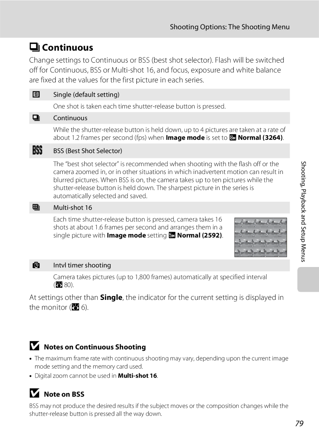 Nikon S202 manual Continuous, BSS Best Shot Selector, Multi-shot 