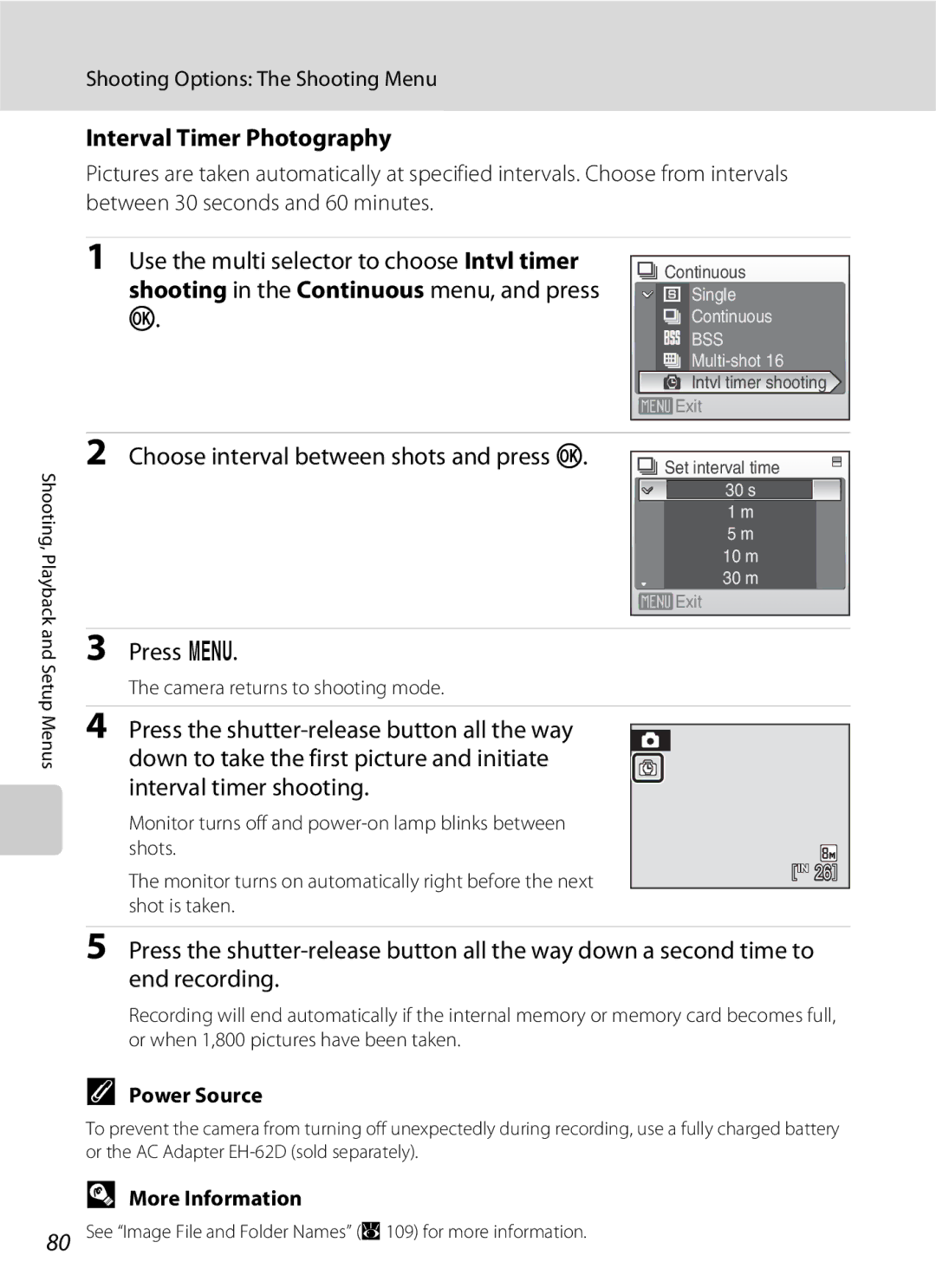 Nikon S202 manual Interval Timer Photography, Use the multi selector to choose Intvl timer, Power Source 