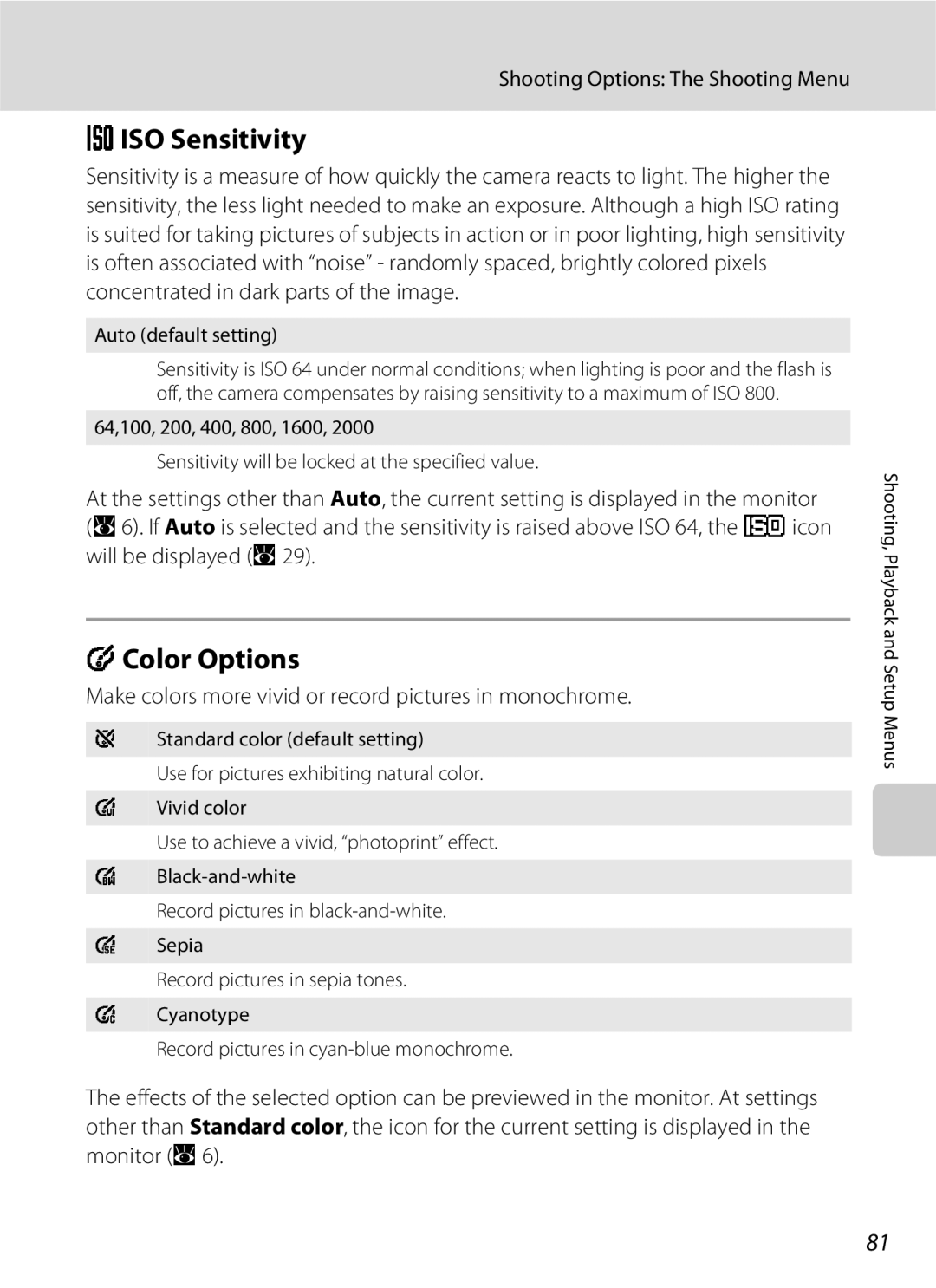 Nikon S202 Eiso Sensitivity, Color Options, Make colors more vivid or record pictures in monochrome, Auto default setting 