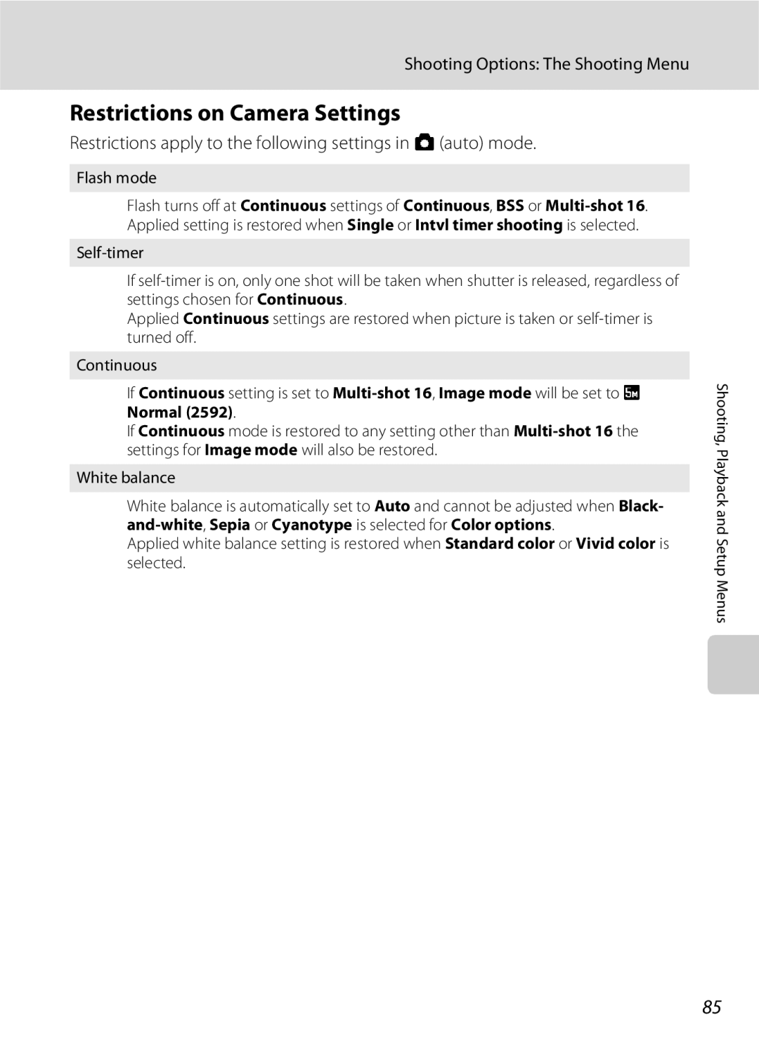 Nikon S202 manual Restrictions on Camera Settings, Restrictions apply to the following settings in a auto mode, Flash mode 