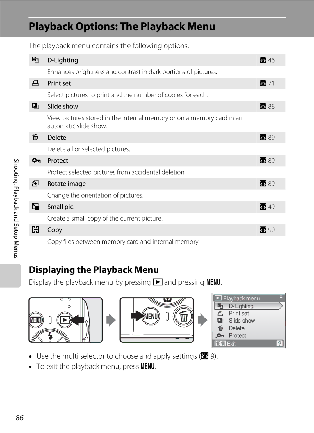 Nikon S202 Playback Options The Playback Menu, Displaying the Playback Menu, Playback menu contains the following options 