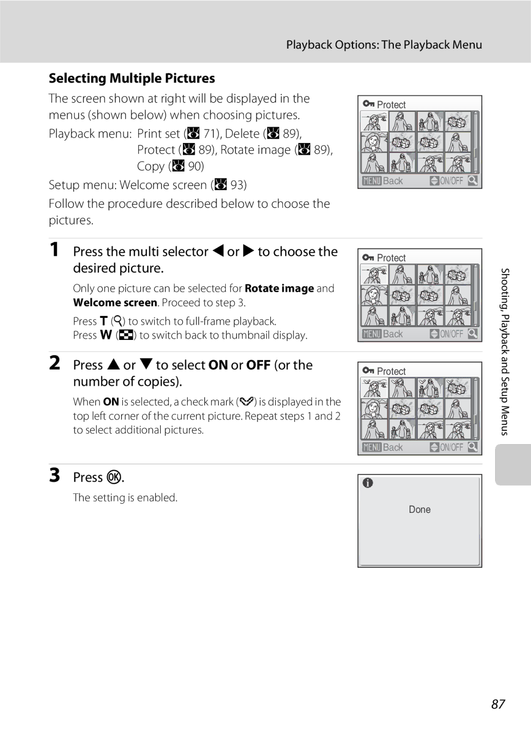 Nikon S202 manual Selecting Multiple Pictures, Press the multi selector Jor K to choose, Desired picture, Number of copies 